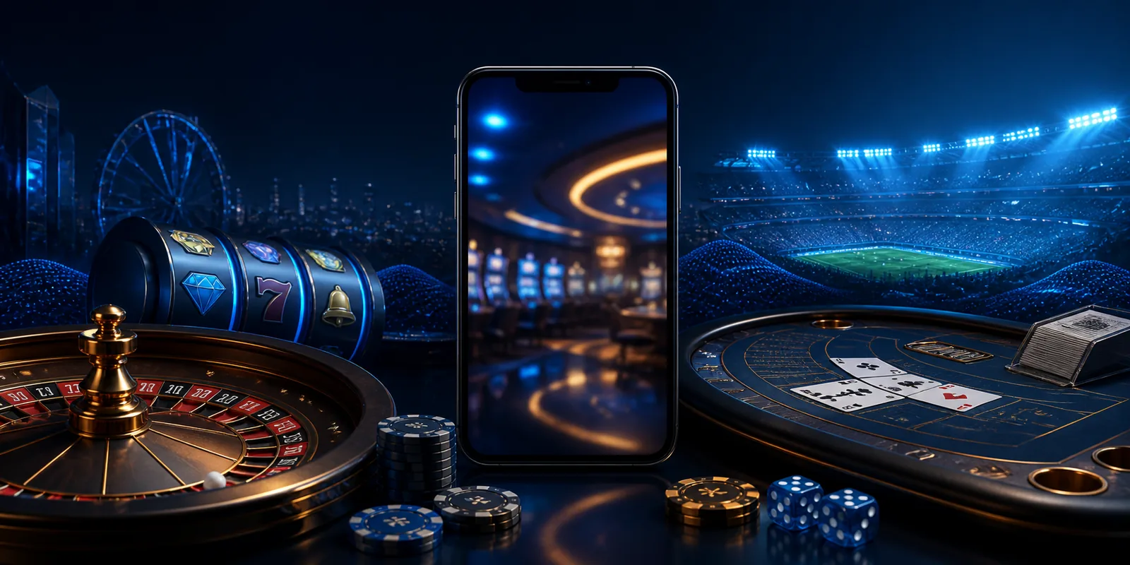 Ilustrasi editorial ponsel dengan slot, roulette, meja kasino, dan suasana olahraga