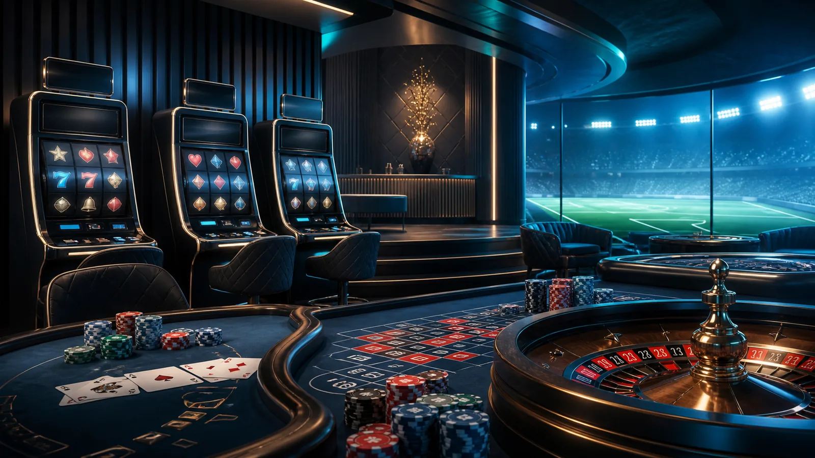Suasana kasino generik dengan slot, roulette, kartu, dan layar olahraga