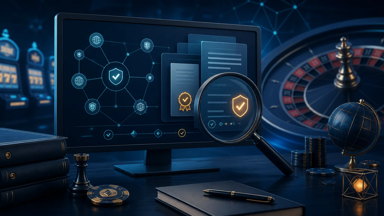 Layar pemeriksaan identitas domain dengan latar suasana kasino